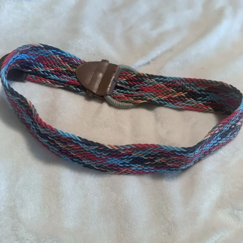 Vintage Womens Braided Belt Woven Turquoise Red Grey Colorful Sz L Wide Western‎